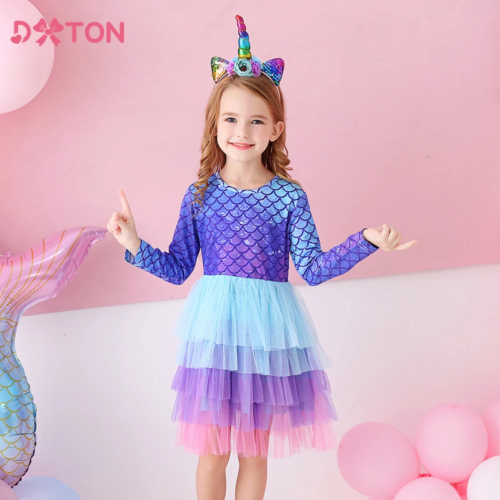 DXTON Autumn Long Sleevel Kids  Dresses Mermaid Print Princess Tutu Dress Layer Mesh Tulle Vacation Outside Girls Clothing 3-8Ys