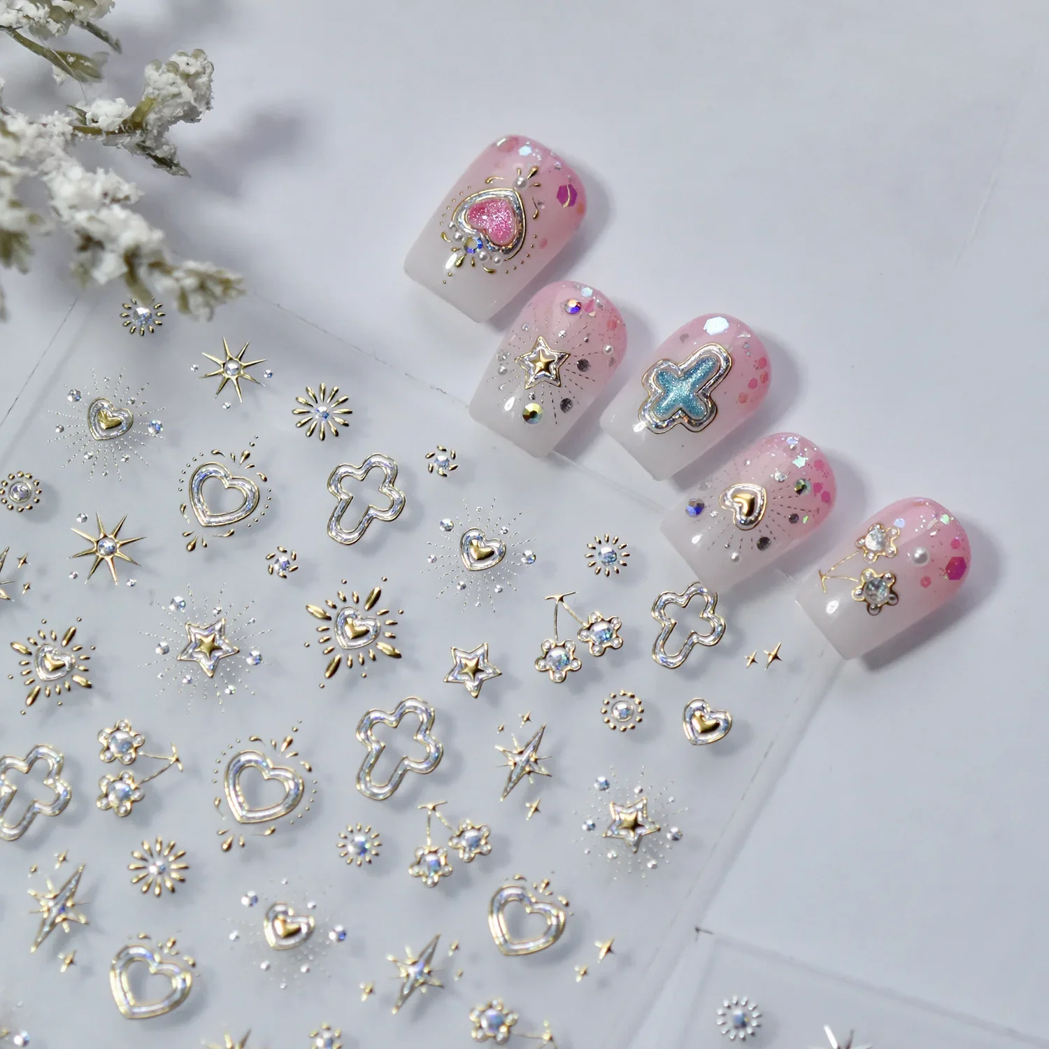Luxury Gemstone Star Moon Heart 5D Nail Art Stickers Cool Gold Plating Colorful Sparkling Crystal Self-adhesive Nail Decals DIY