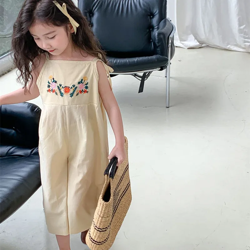 

2023 Summer Kids Jumpsuits embroidered suspender jumpsuit loose cotton Girls one piece clothes