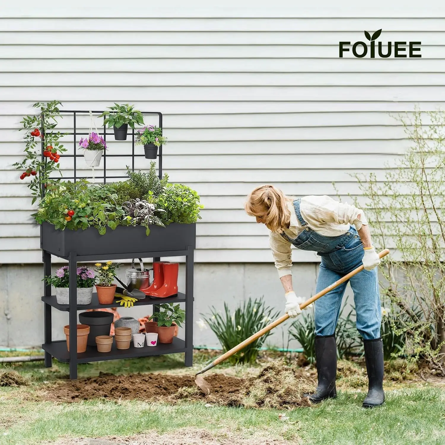 Outdoor Patio & Balcony Metal Raised Garden Bed, Black, with Trellis, 2-Tier Storage & 3 Flower Pots
