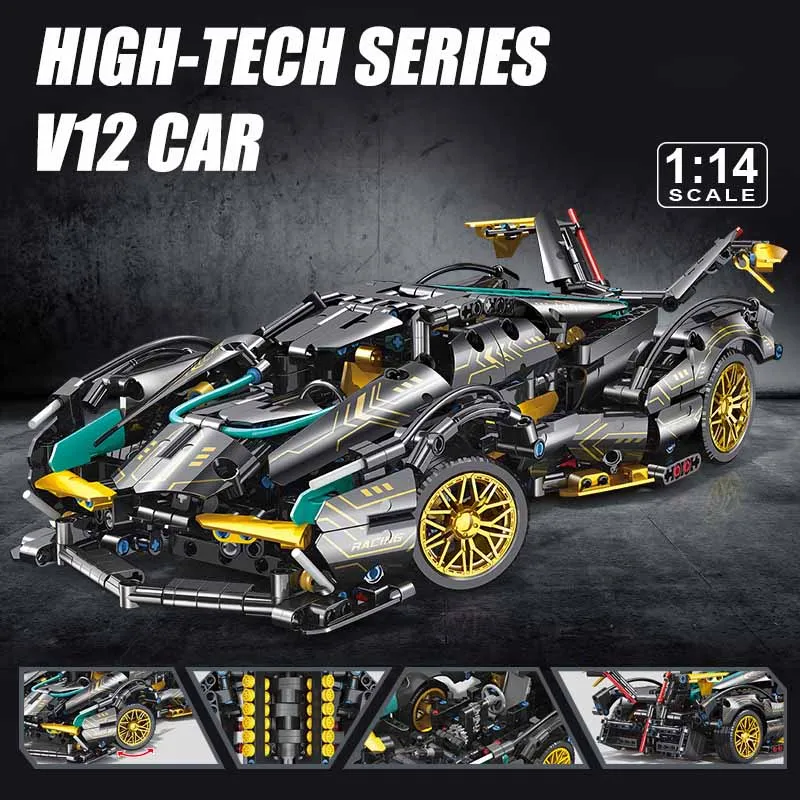 City Technical MOC Sport Car Mechanical V12 Supercar Model Building Blocks Assemble DIY Racing Car Bricks Toys For Children Gift