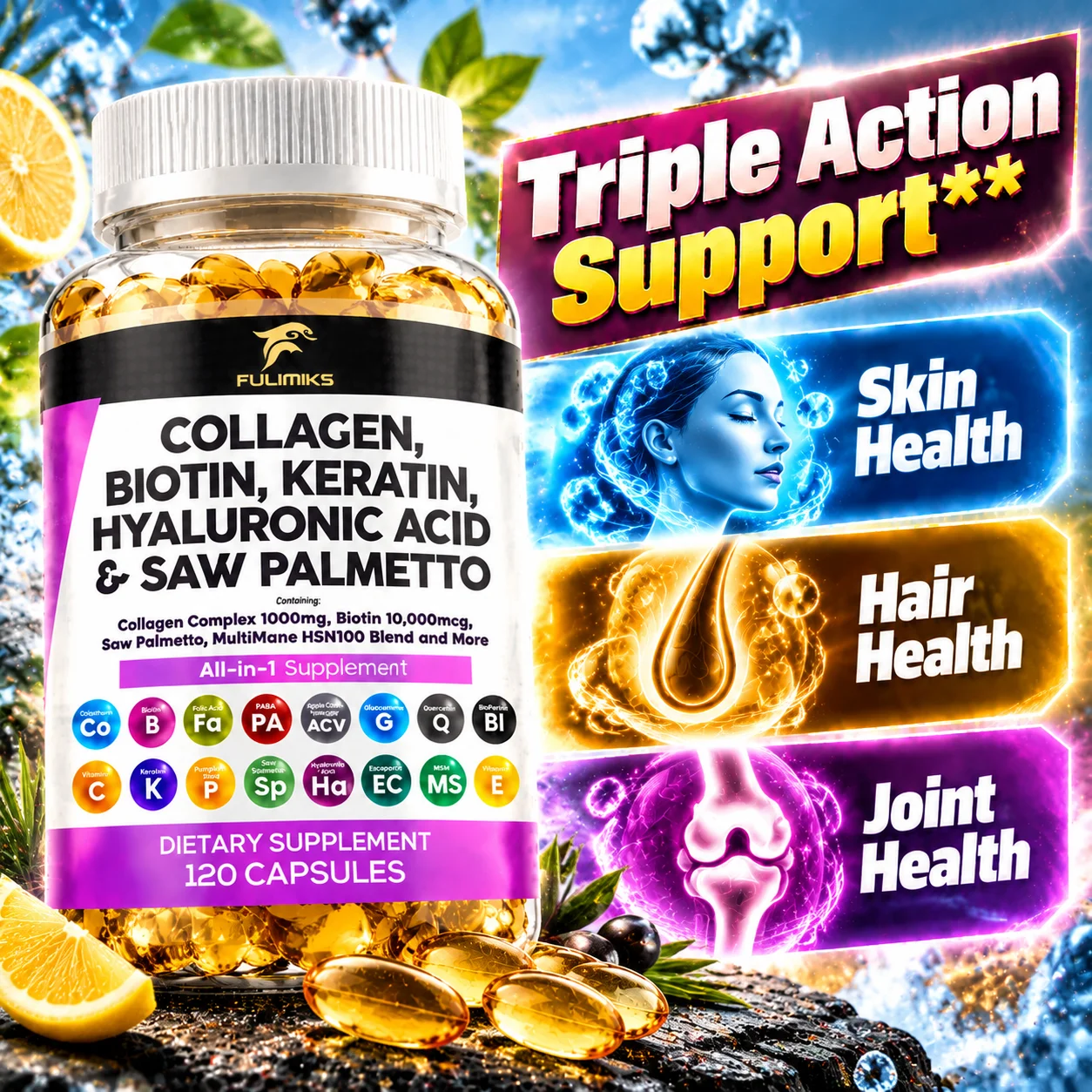 FULIMIKS Collagen Biotin Keratin Supplement, Supports Nails & Hair, Skin, Joint, Bone Health, Anti-Oxidation, Energy