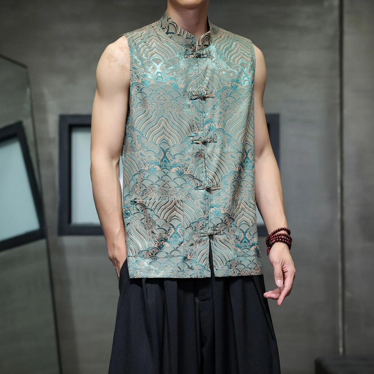 New Chinese Tang Style Vest Men's Summer Thin Stand Collar Tradition Buckle Retro Vest Waves Rocks Reefs Pattern Sleeveless Top