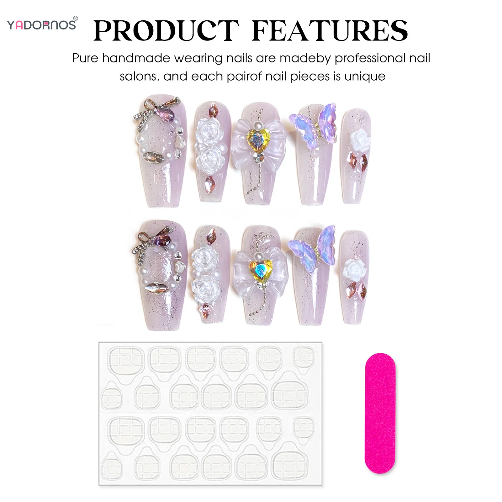 Uñas postizas de color púrpura claro hechas a mano para mujer, decoración de flores con lazo de mariposa, bailarina larga, manicura usable para fiesta diaria