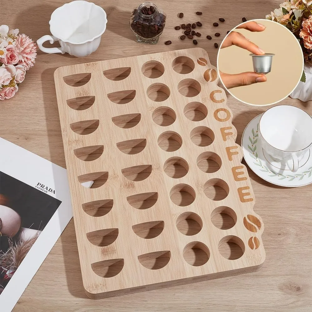 صينية تخزين كبسولة القهوة الخشبية تحمل 32 كبسولة 16.5 × 11.0 × 1.0 بوصة منظم تخزين كبسولة القهوة حامل للمطبخ المنزلي