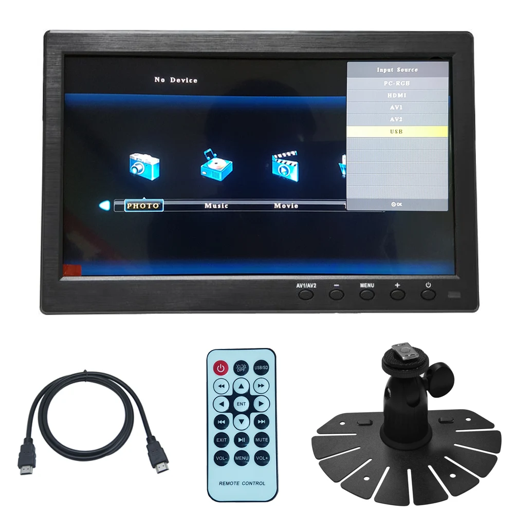 Monitor HD de 10 pulgadas para coche, camión, autobús, pantalla TFT LCD, AV, VGA, vista trasera, 12V/24V, 1280x800