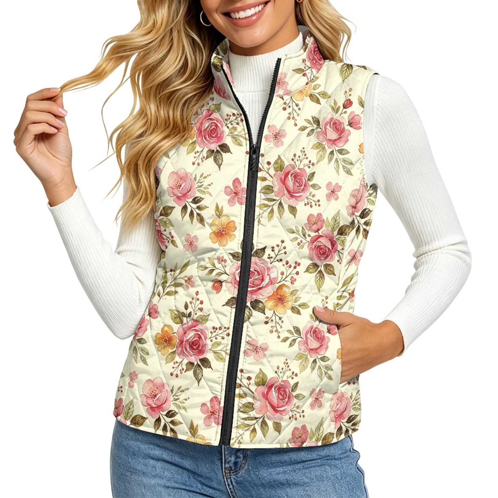 PENSTROLL Vintage Floral Women's Plaid Vest Lightweight Outerwear Vest Zip up Diamond Pattern Vest for Fall Outdoor