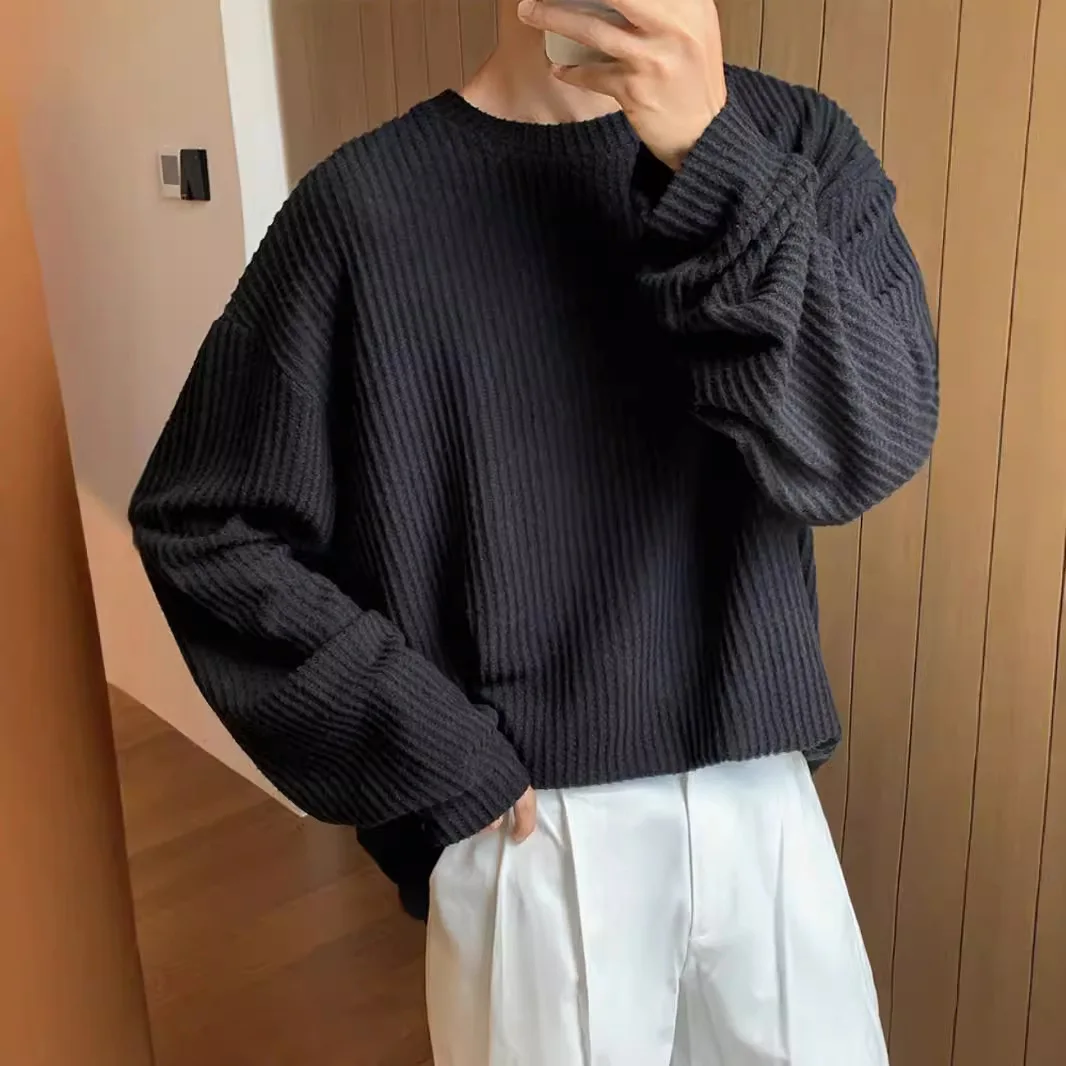 

Вафельная трикотажная рубашка с длинными рукавами, мужская минималистичная одежда для дома, свободный крой, однотонный пуловер, внутренний слой, топ, весенне-осенняя повседневная одежда