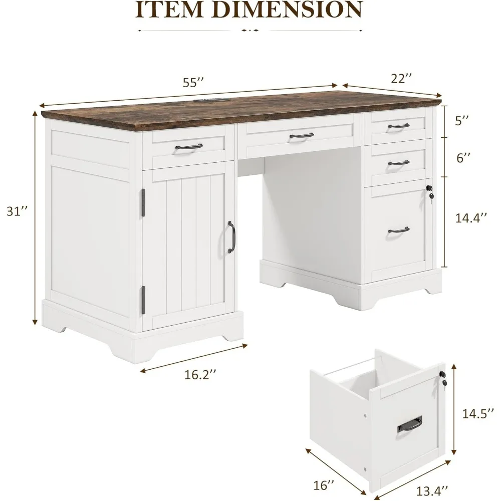 55'' Executive Desk, Home Office Desk with Drawers, Wood Computert Desk with File Cabinet and Power Outlets, Office Desk