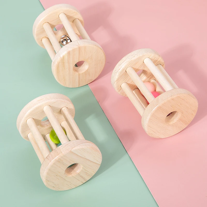 Wooden rattle toy with colorful balls and metal bells in various combinations—perfect for babies to grasp and shake for endless