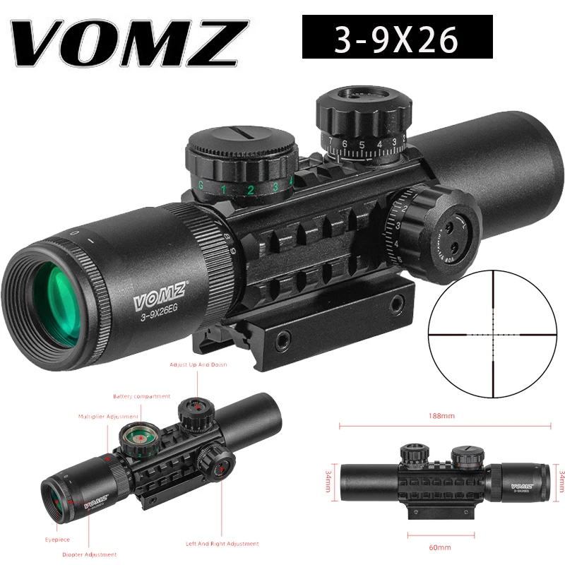 

VOMZ 3-9X26 Hunting Scope Red Green Illuminated Optic Sight Tactical Riflescope 11/20mm for Picatinny Rifle Air Gun