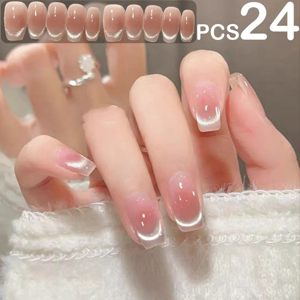 24PCS Peach Cat Eye Press On Nails French Gradient Pink Fake Nails Wedding Daily Short Trapezium Detachable