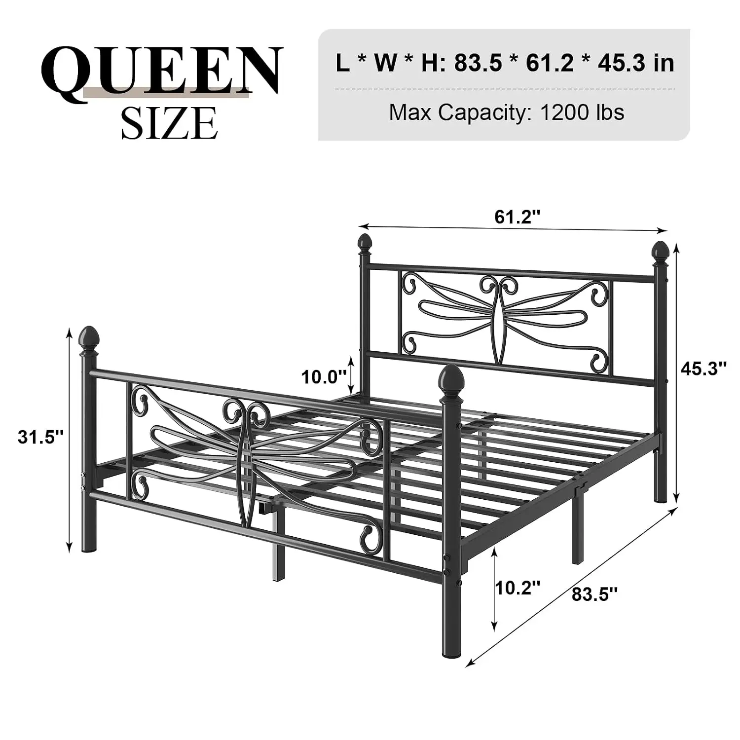 Queen Size Metal Platform Bed with Dragonfly Pattern, Customized