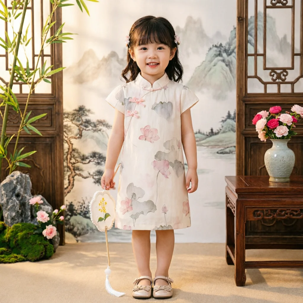 Chinese Style Girls Dress Cheongsam Qipao Dress Cute Cotton Princess Dress Traditional Elegant Outfit for Toddler Kids Girls