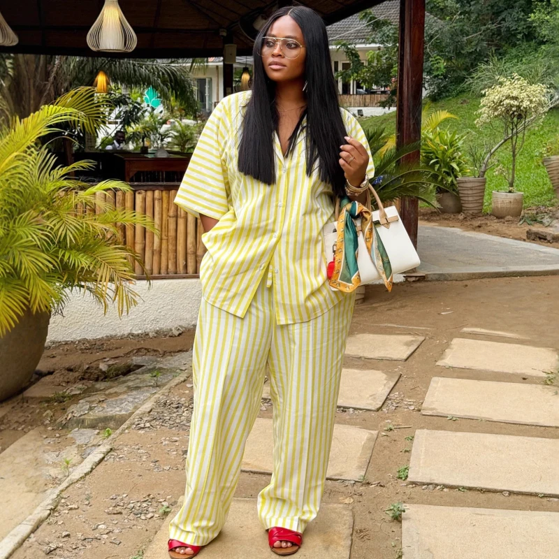 

Новый африканский модный женский комплект из двух предметов, свободная рубашка в желтую полоску с принтом, топ и широкие брюки, комплект одежды