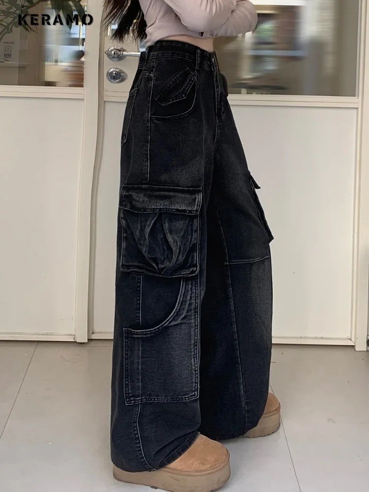 American Vintage High Waist Wide Leg Grunge Straight Jeans Women's Casual 2000s Baggy Pants Y2K High Street Style Denim Trouser