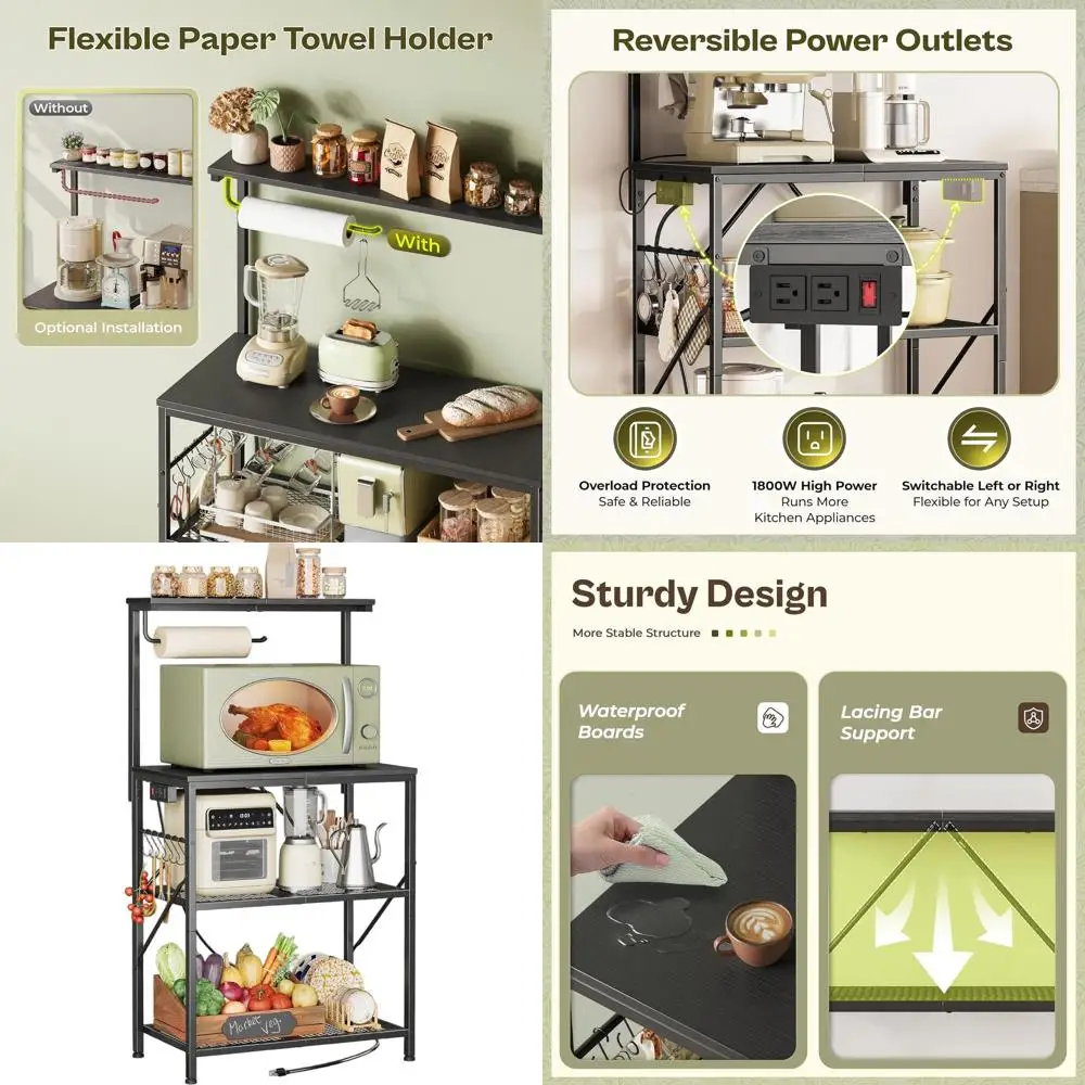 

4-Tier Microwave Stand with Reversible Outlet, 23.6 Kitchen Coffee Bar, Top Shelf, 6 Hooks, Black