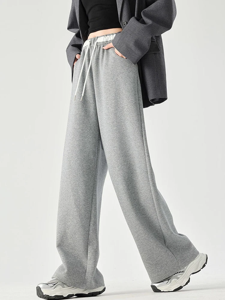 Zoki Women Loose Vintage Sweatpants High Waist Casual Pockets Wide Leg Pant Streetwear High Quality Retro American Gray Pants