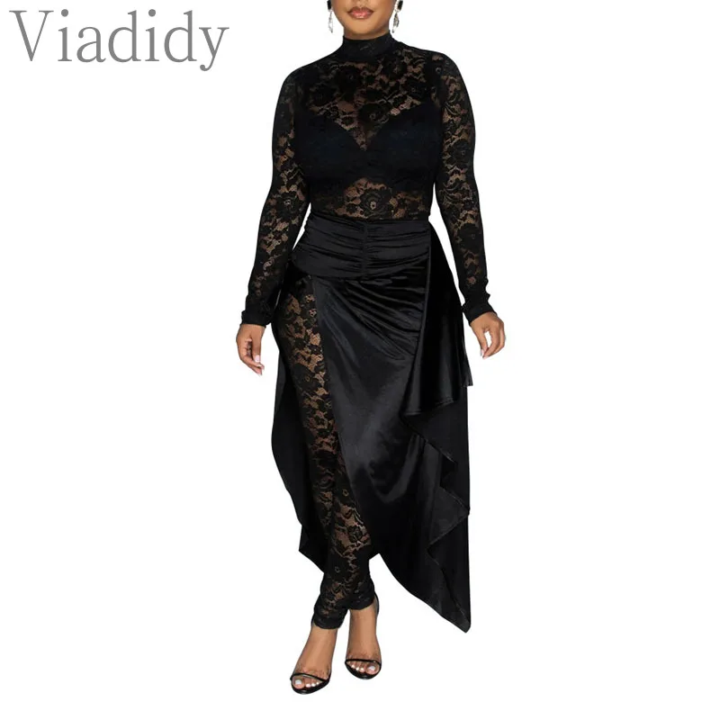 Women Sexy Solid Color See Through Sheer Lace Long Sleeve Jumpsuits with High Waist Skirt 2pcs Set