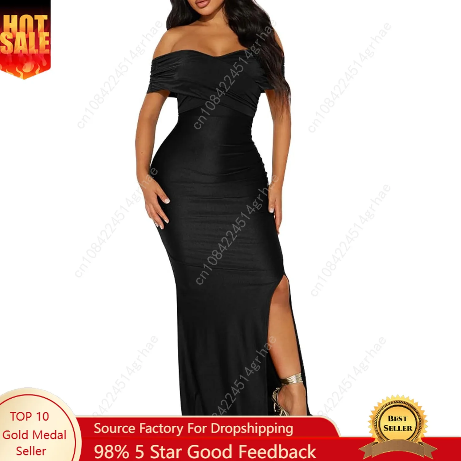 

Women's Off Shoulder V Neck Wrap Ruched High Split Wedding Party Maxi Dress