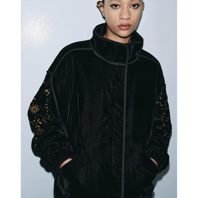 شتاء جديد المرأة طويلة Sve الوقوف طوق المرقعة المطرزة القطن Jaet ملابس خارجية عادية Sle الوقوف صالح سستة Cl... #2