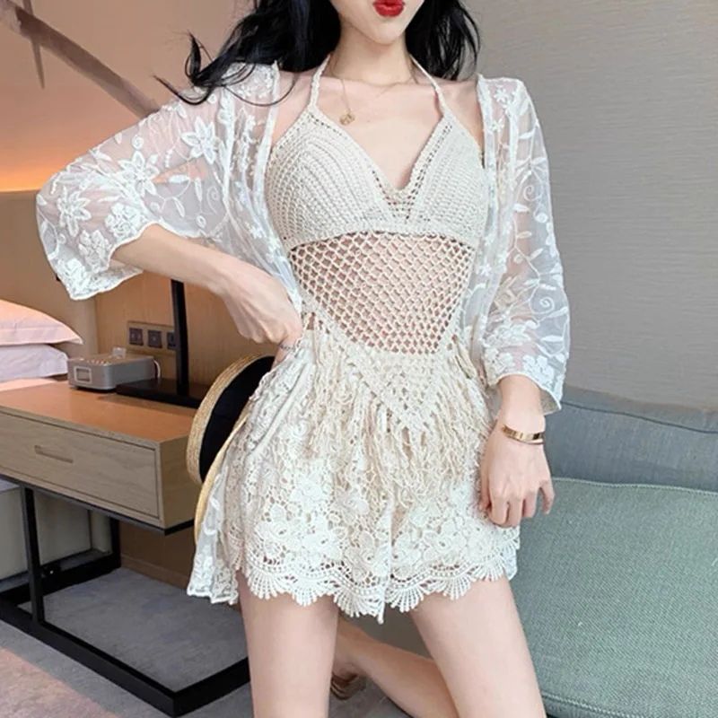 Długi Rękaw Strój Kąpielowy Damski Bikini Seksowna Bluzka Zestaw Trzy Zbierane Dzianinowe Siateczkowe Plażowe Ochrona Przed Słońcem