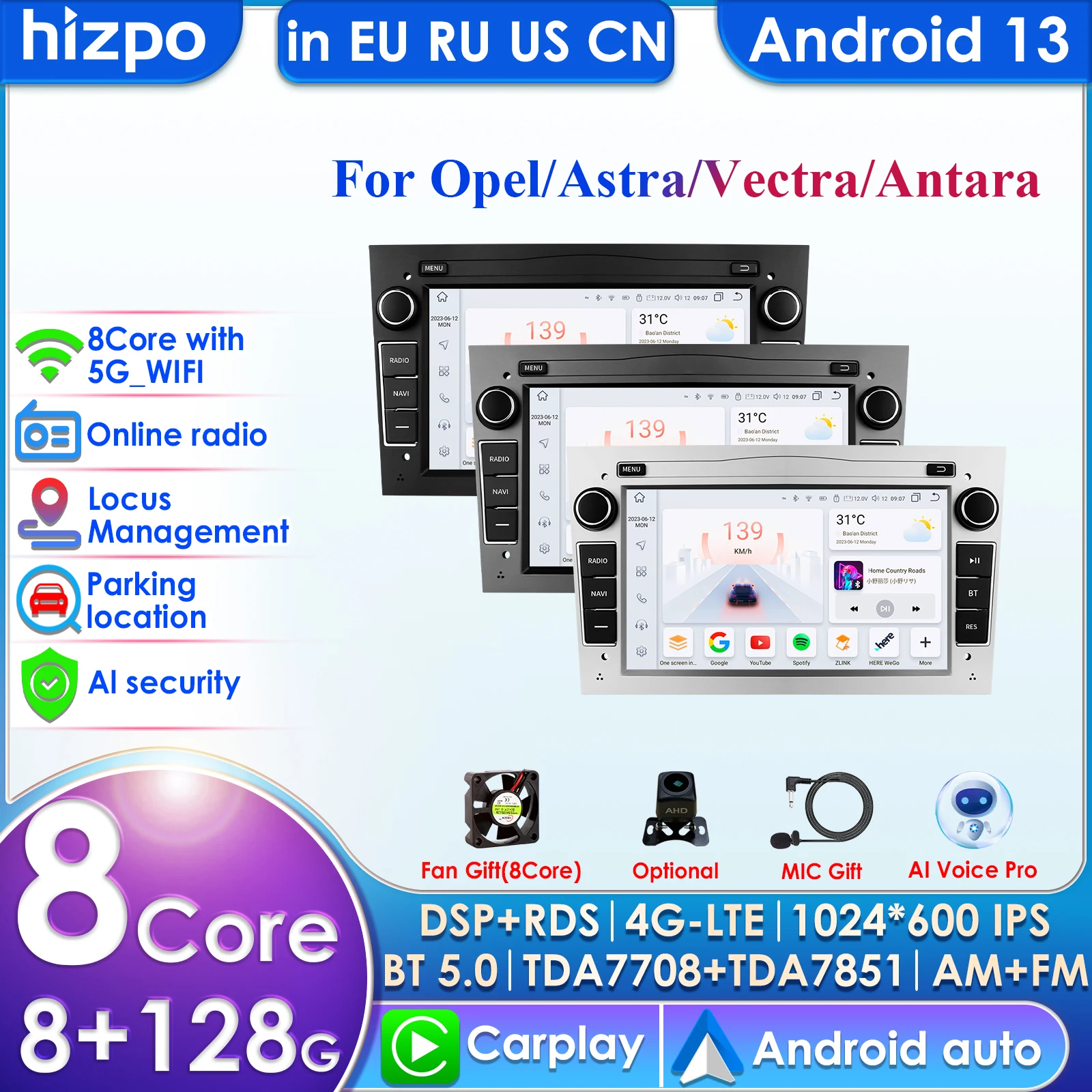 2 Din Android 13 Car NODVD Radio Stereo Player for Opel Astra H G J Vectra Antara Zafira Corsa Vivaro Meriva Veda GPS MirrorLink