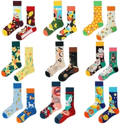 1Pair Man Women Socks Original AB Tide Socks Medium High Tube Colorful Cat Dog Koala Cow Cotton Socks Four Seasons Unisex Socks