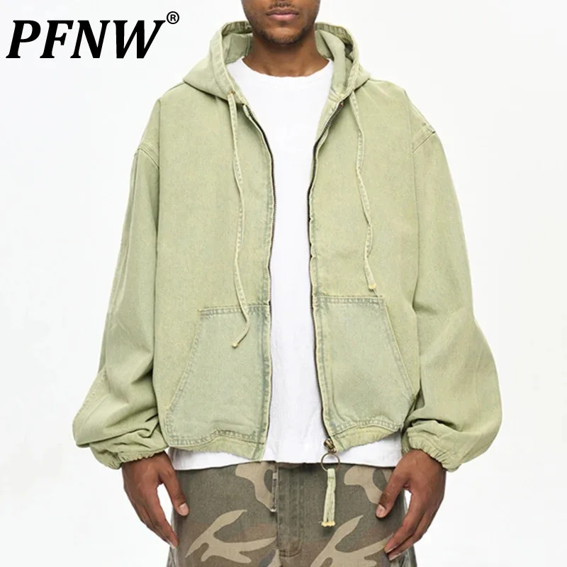 PFNW Menswear Washed Casual Green Hooded Jacket For Men Cleanfit Casual Loose Fit Denim Zipper Coat Autumn New Clothes 12C1429