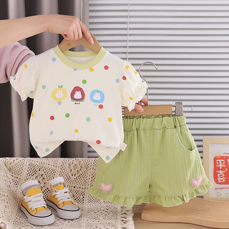 

Toddler Girls Summer Suit 2026 New Baby Girl Clothes Cute Rabbit Casual Short Sleeves and Shorts 2 Piece Set Children's Clothing