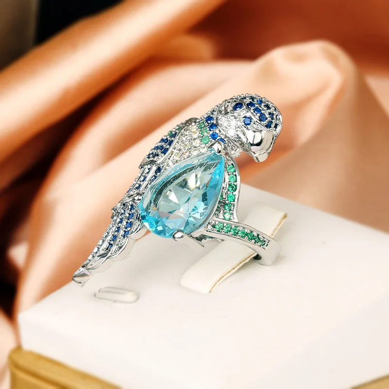 Temperament Fashion Shiny Blue Diamond Water Drop Zircon Big Beak Parrot Bird Personality Ring Girl Party Birthday Gift