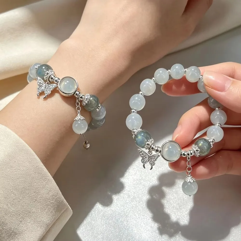 Blue Cat Eye Beaded Elastic Bracelet, Cute Butterfly Charm Opalite Moonstone Bracelet, Jewelry Gift for Teen Girls Best Friend