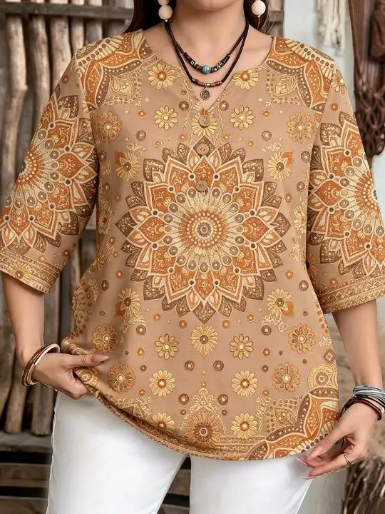 Women Bohemian Mandala Floral Print Blouse For Curvy Figures Notched Neck 3/4 Sleeve Loose Casual Daily Ladies Tops