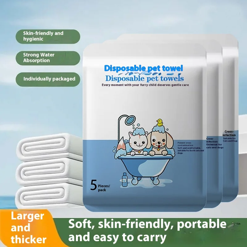 

Disposable Pet Bath Towels-Individually Wrapped, Extra Absorbent Quick-Dry Microfiber Cloth for Dog Cat Grooming, Bulk Pack 5pcs