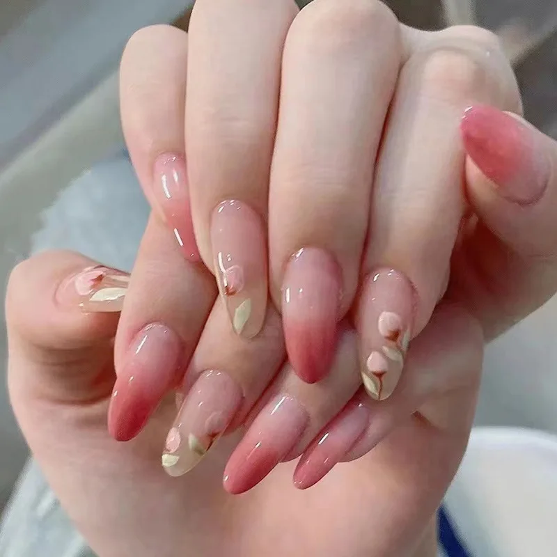 

24PCS Iced Ombré Press-On Nails – Long Almond Shape With Floral Prints & No-File Kit False Nails Detachable Finished Nail Tips
