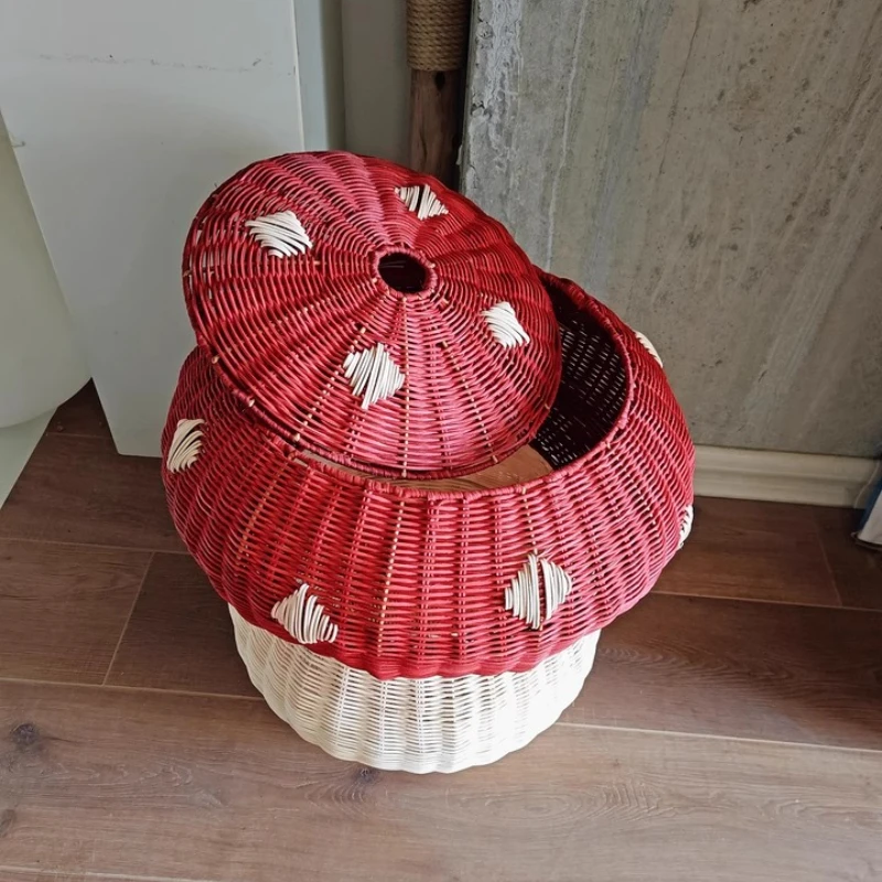 

Nordic Mushroom Toy Storage Baskets Rattan Organizer Baskets with Cover for Kids Bedroom/Living Room Dust-proof Storage Case