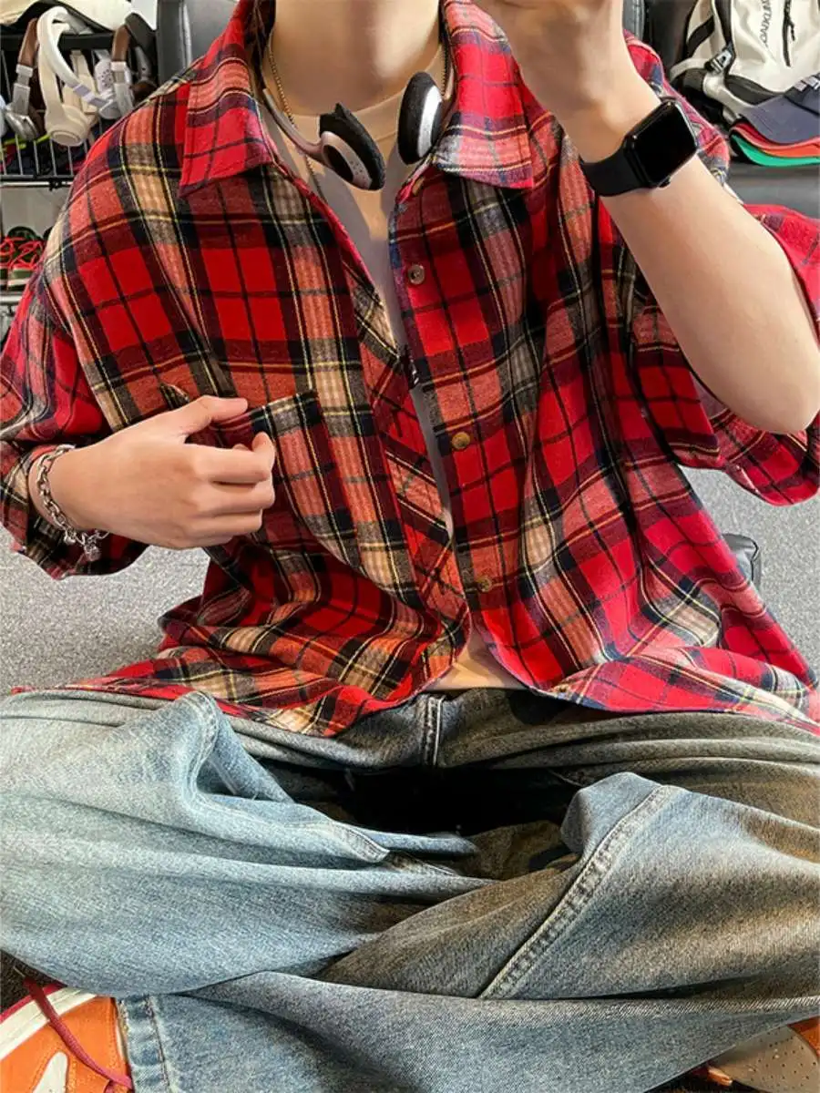 

New American Retro Plaid ort Sve Casual Loose Men's irt Summer Faionable f Sve Top for Couples Daily Wear