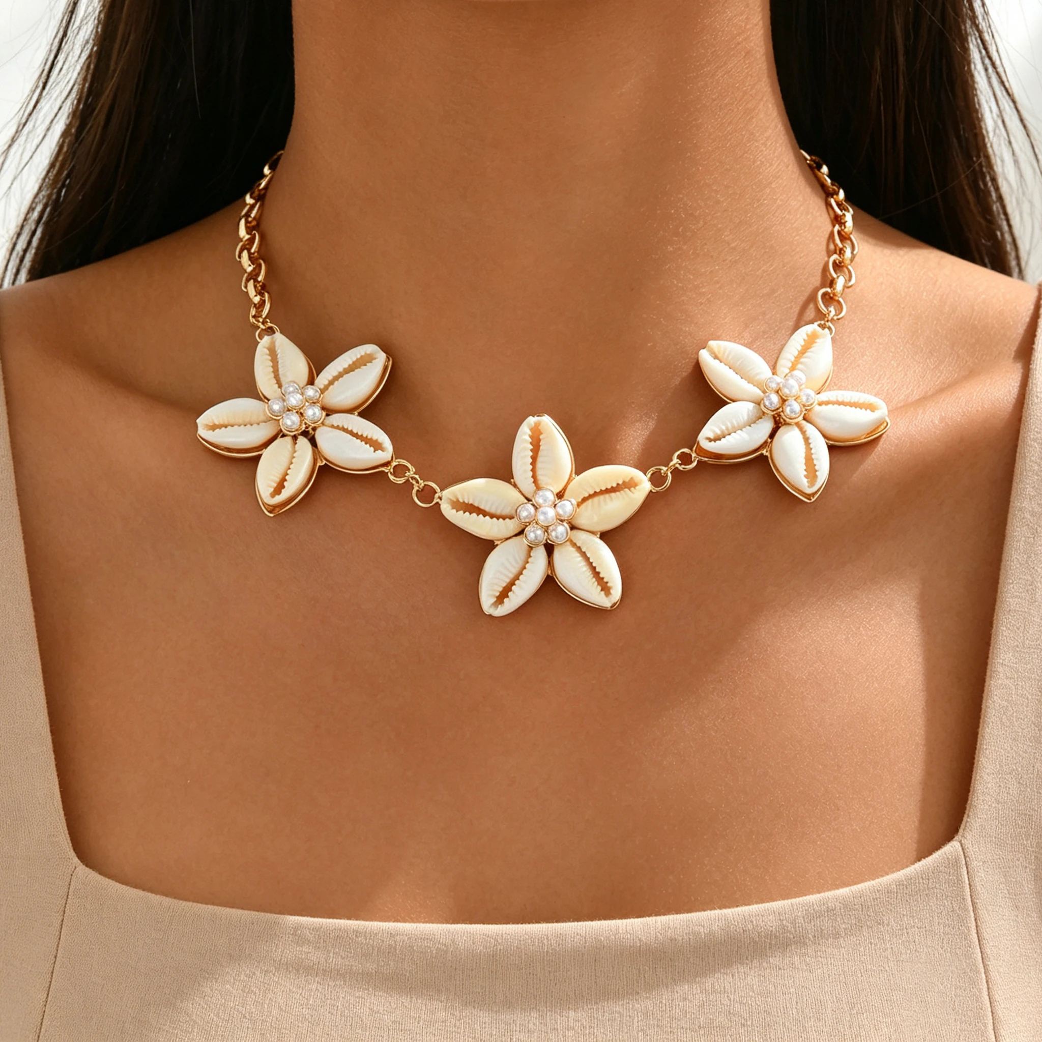 3 Cowrie Flower Choker Necklace Imitation Pearl Center Gold Oval Link Adjustable Women Boho Summer Beach Neck Jewelry