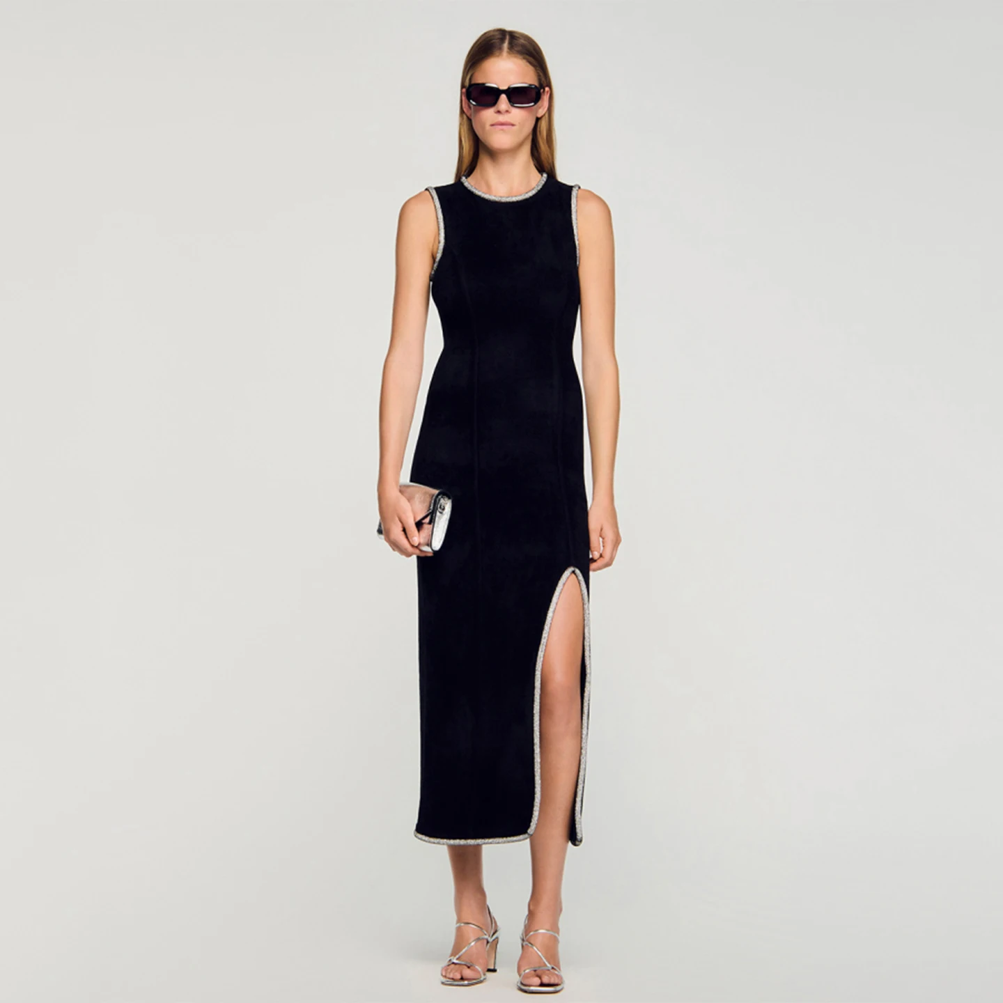 Ele Bla Diamond Trim Svel Slim Fit Split Dr para mujer Otoño Invierno Faion Falda acampanada de cintura alta Dr