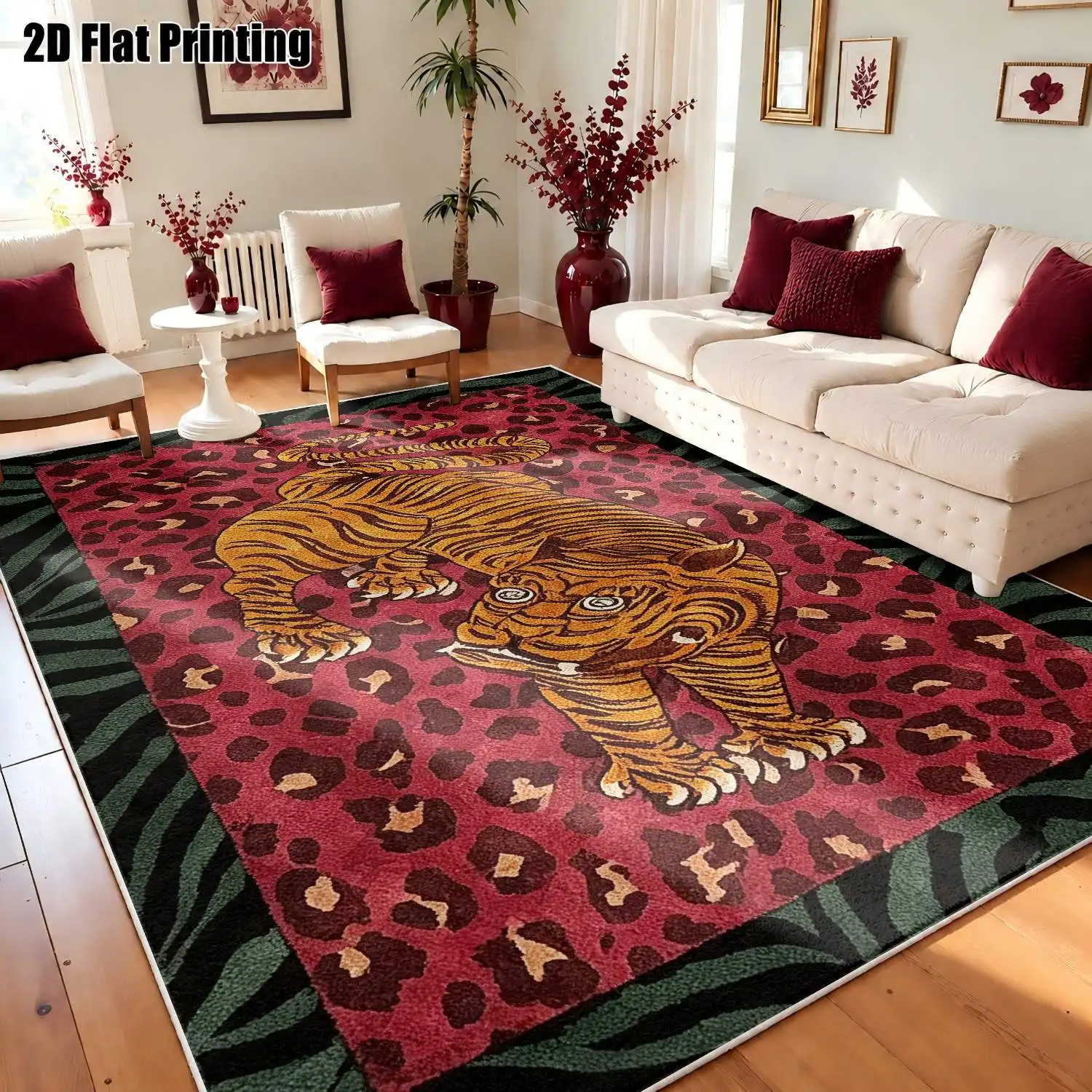 1Pc 2D Printed Pink Tiger Velvet Carpet, Nordic/Instagram Style, Machine Washable, Multi-Size Home Decor Mat for Entryway, Dining, Living, Bedroom