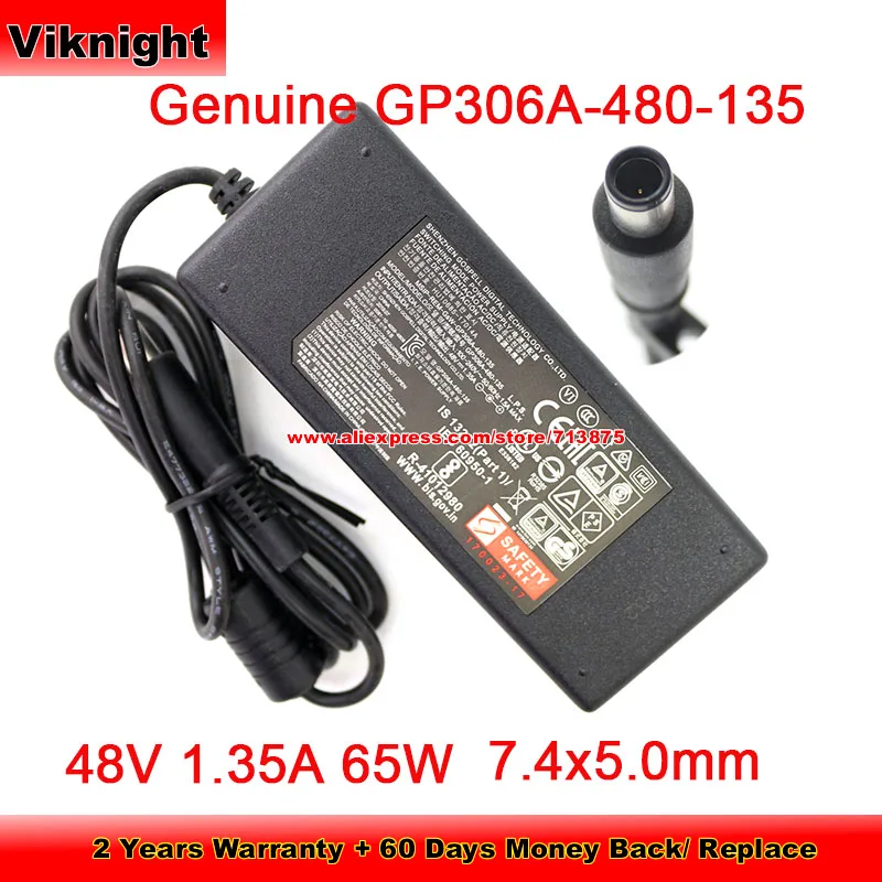 Genuine Gospell GP306A-480-135 AC Adapter 48V 1.35A 65W for UNIVIEW NVR201-04LP HU10685-17014A MSIP-REM-GSW-GP306A 7.4 x 5.0mm