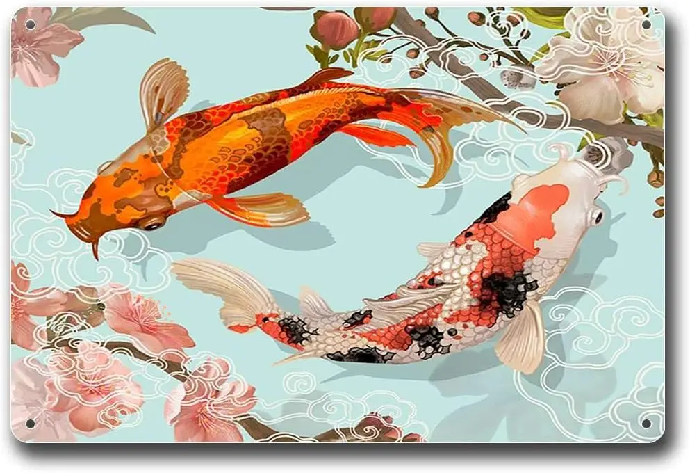 Tin Signs Retro Koi Japanese Fish Zen Asian Art Ukiyoe Aquatic Metal Tin Signs 8x12inch Tin Sign