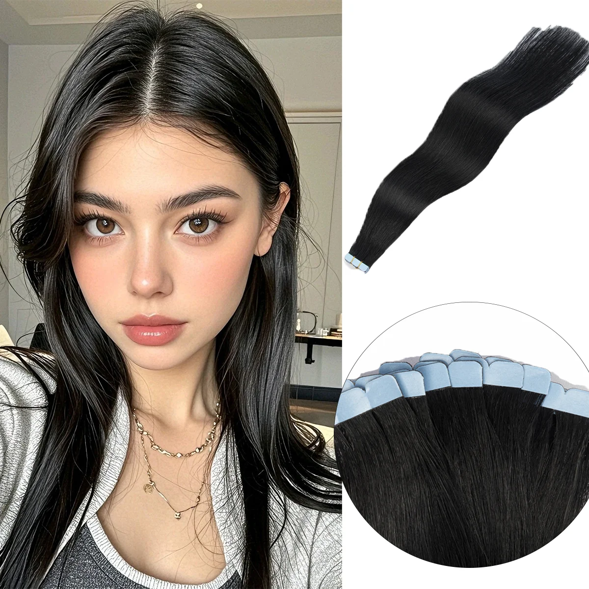 

3x0.8cm Mini Tape In Hair Extensions #01 Jet Black Real Human Hair 360° Flexible Side Volume 10Pcs