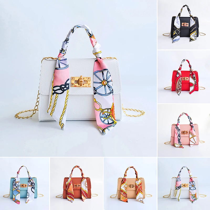 British Simple Fashion Silk Band Bow Lock Small Square Bag PU Leather Chain Mobile Phone Handbag Crossbody Bags