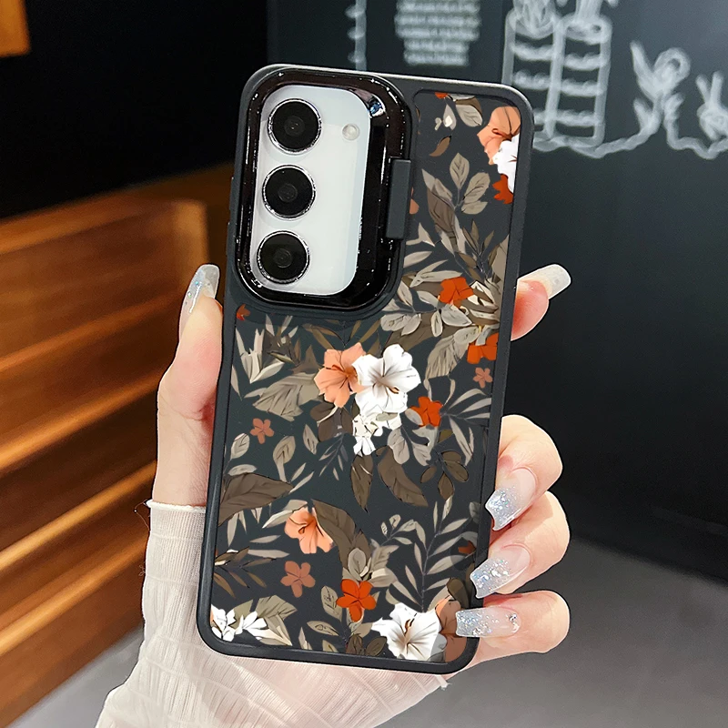 Flowers Print Lens Frame Stand Case For Samsung Galaxy S24 S23 Ultra A55 A15 A25 A35 A14 A34 A52 A53 A54 5G Soft TPU Phone Cover image 5