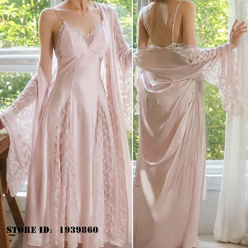 Burgundy Bride Wedding Robe Robe Nightgown 2Pcs Set Sexy Hollow Out Lace Bathrobe Mujer Lingerie Loose Satin Homewear Loungewear