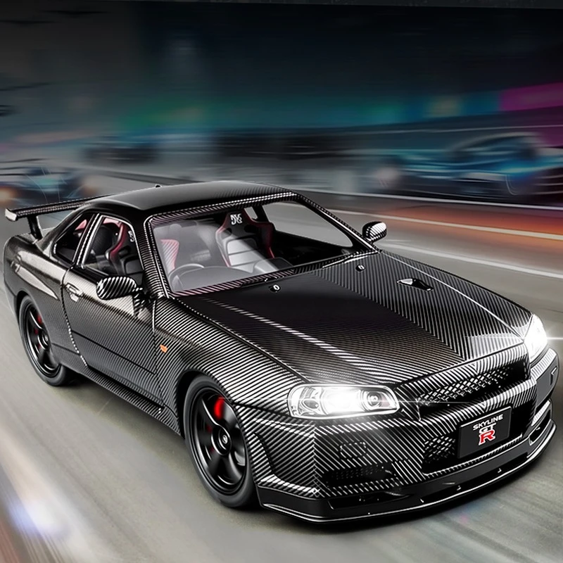 1:24 Skyline GTR R34 Carbon Fiber Coating Diecast Alloy Model Car Toys with Sound Light Sports Cars Fashion Ornament Boys Gifts