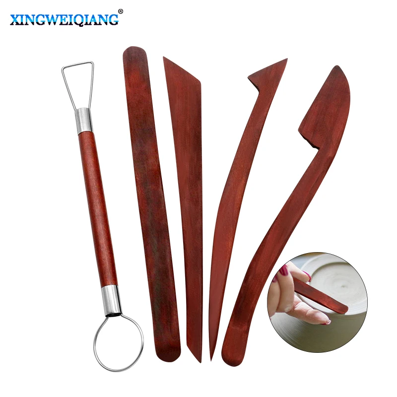 Pottery Tool Set Carving A Mahogany Knife with Mahogany Knife and Steel Wire, 8-Inch 5-Piece Clay Sculpture Carving Tools FS1-9