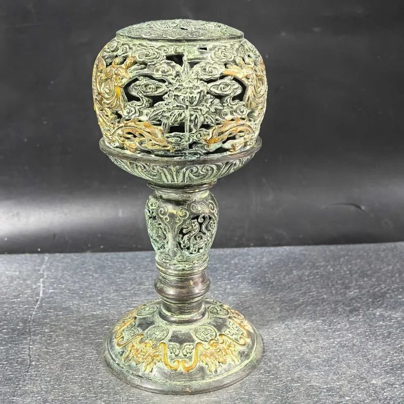 Antique Bronze Double-Phoenix Gilt Lantern, Hollow , Dragon-Carved Incense Burner, Sandalwood Home Decor Vintage O