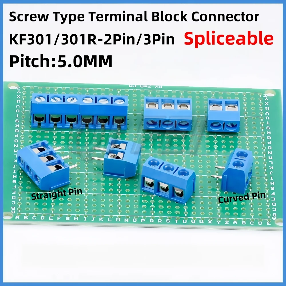 10PCS KF301 Screw connector 5mm Pitch KF301-2P 3Pin KF301R 5.0mm Spliceable Connector Straight Pin Curved Pin MG/DG/KF301